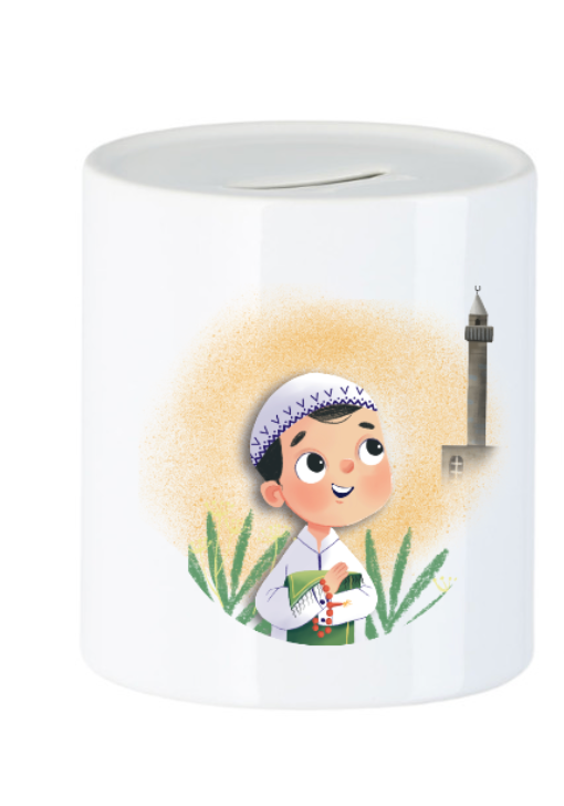 Spardose Junge mit Gebetskette / Regenbogen
